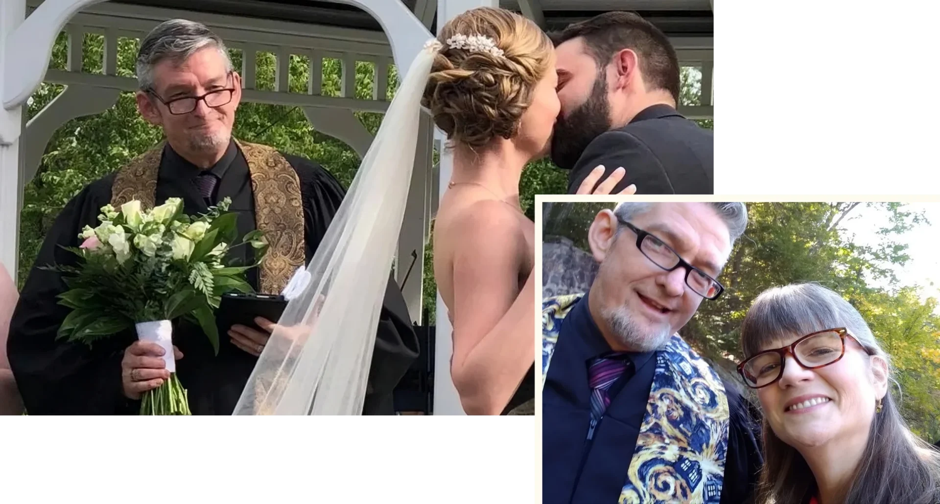 Wedding ceremony with officiant and couple kissing