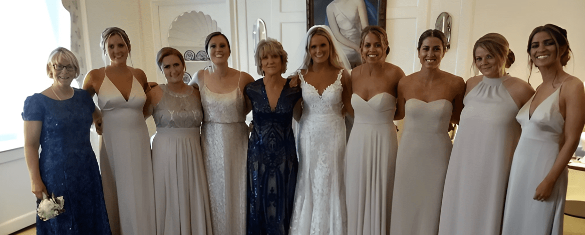 Bridal party posing in elegant dresses