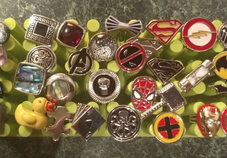 Colorful novelty pins collection on display